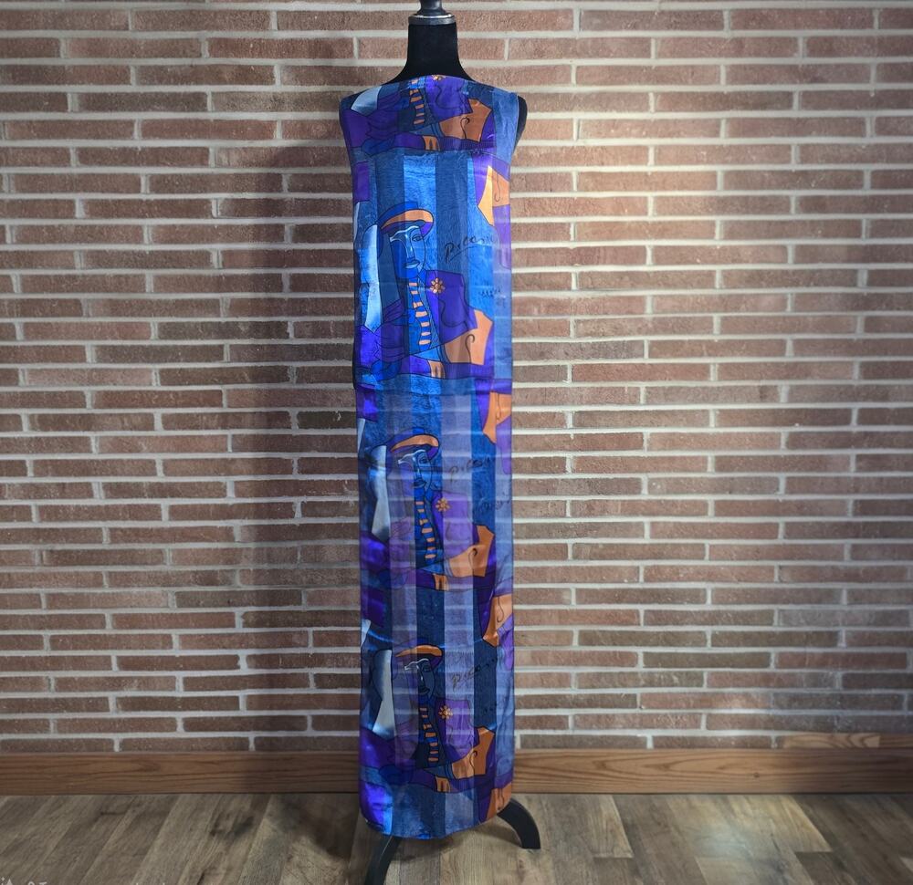 Vintage Picasso Cubist Face Print Sheer Rectangular Scarf Art Deco Blue Purple